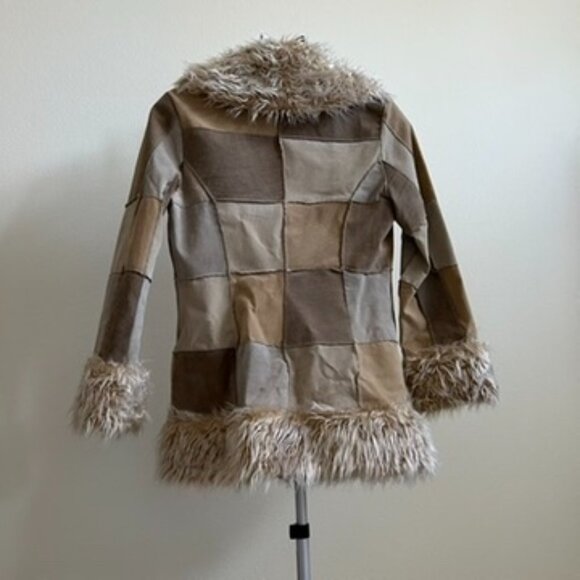 BKE Diva Genuine Leather Patchwork Faux Fur Trim Jacket Women’s L Tan Beige Boho - Picture 2 of 7